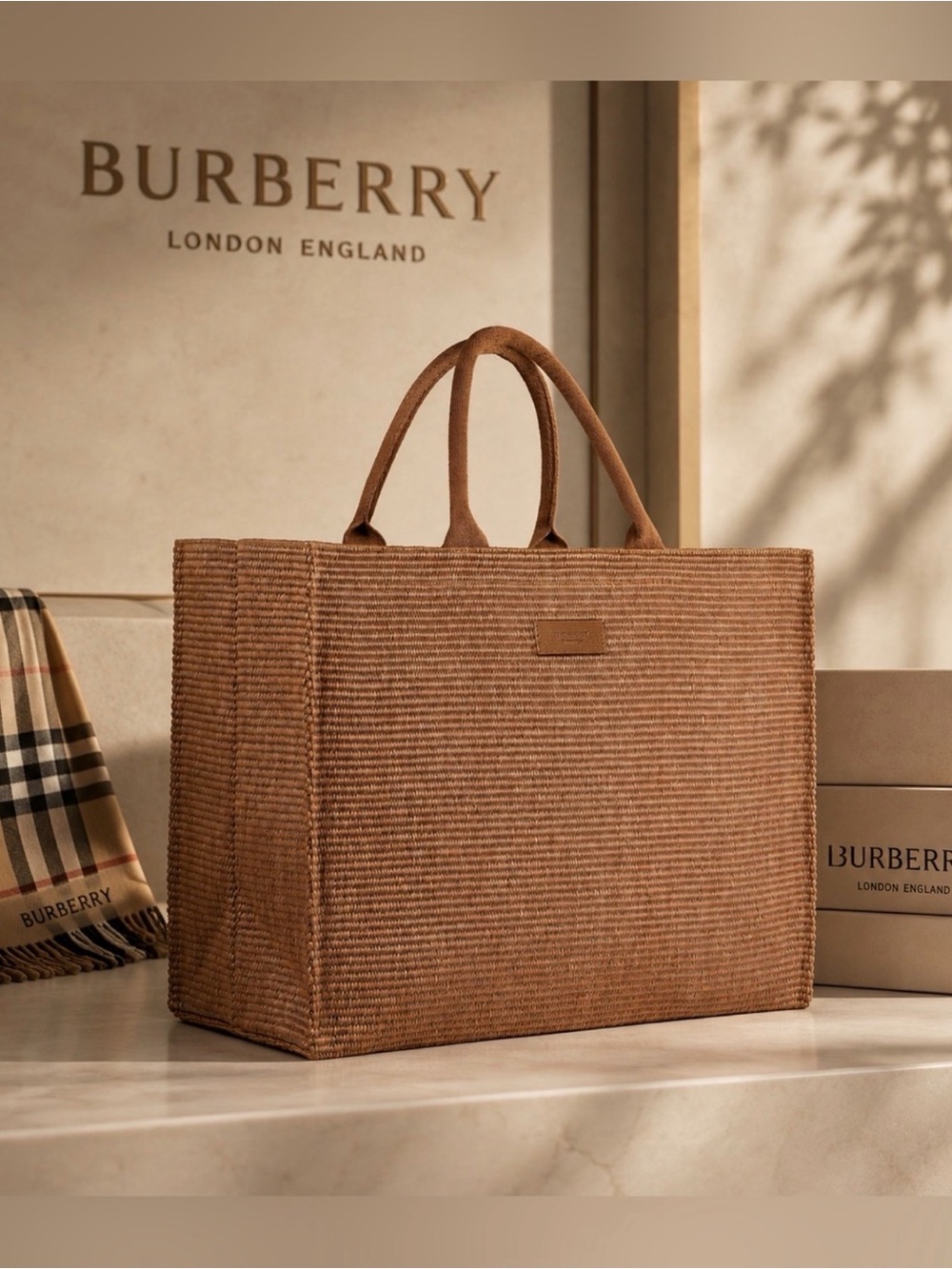 Burberry Brown Woven Tote with Top Handles
